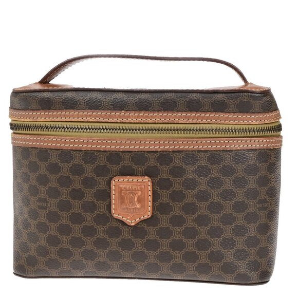 Auth CELINE Logo Macadam Pattern Vanity Hand Bag PVC Leather Brown GHW - Picture 1 of 16